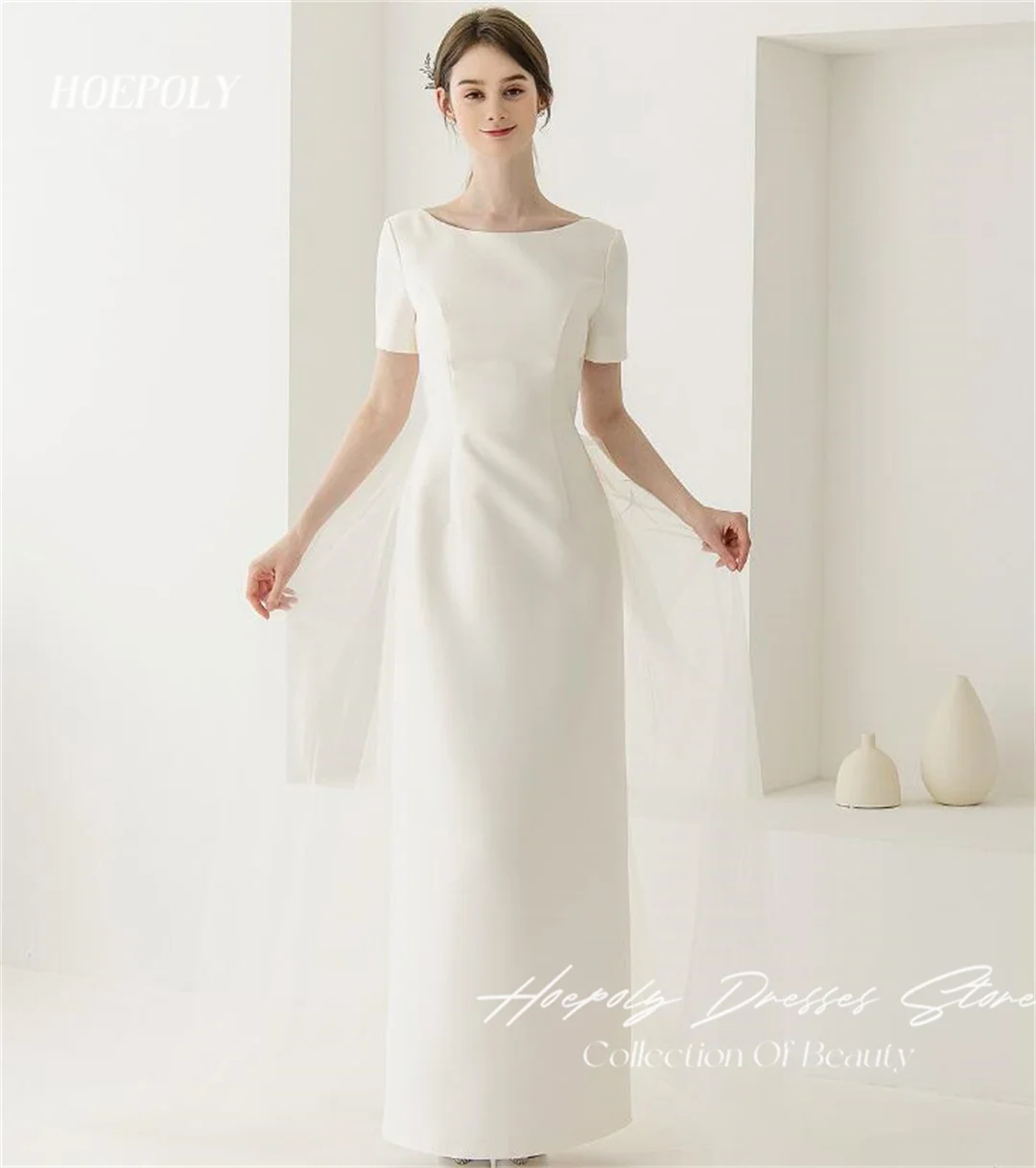 Hoepoly Ivory Vintage Bride Wedding Party Dress Korea 드레스  Photography Satin Boat Neck Ankle Length Wedding Dresses for Women