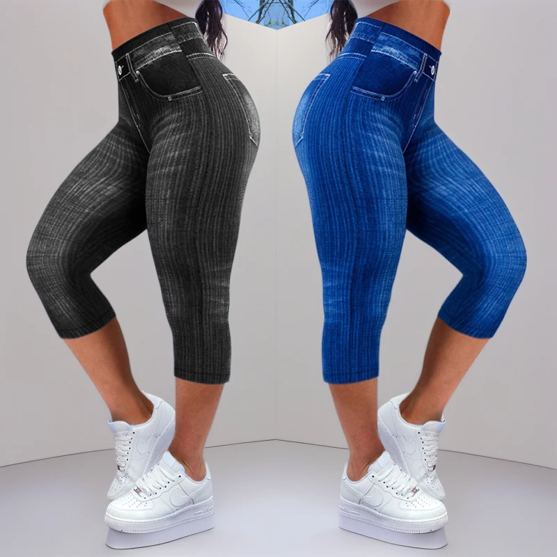 

Women Stretch Denim Leggings Cropped Pants Fitness Fake Pockets High Waist Butt-lifted Slim Raise Trousers Thin Pencil Pant