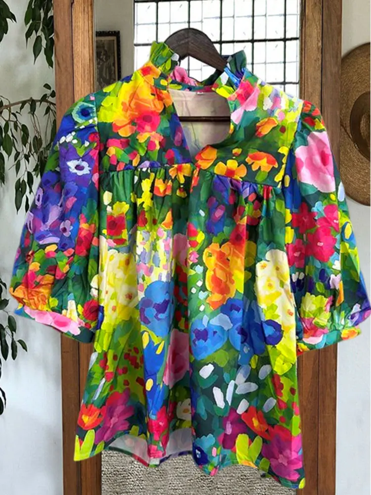 Elegant Contrast Floral Print Top Women Casual Loose Shirts Collar Blouse