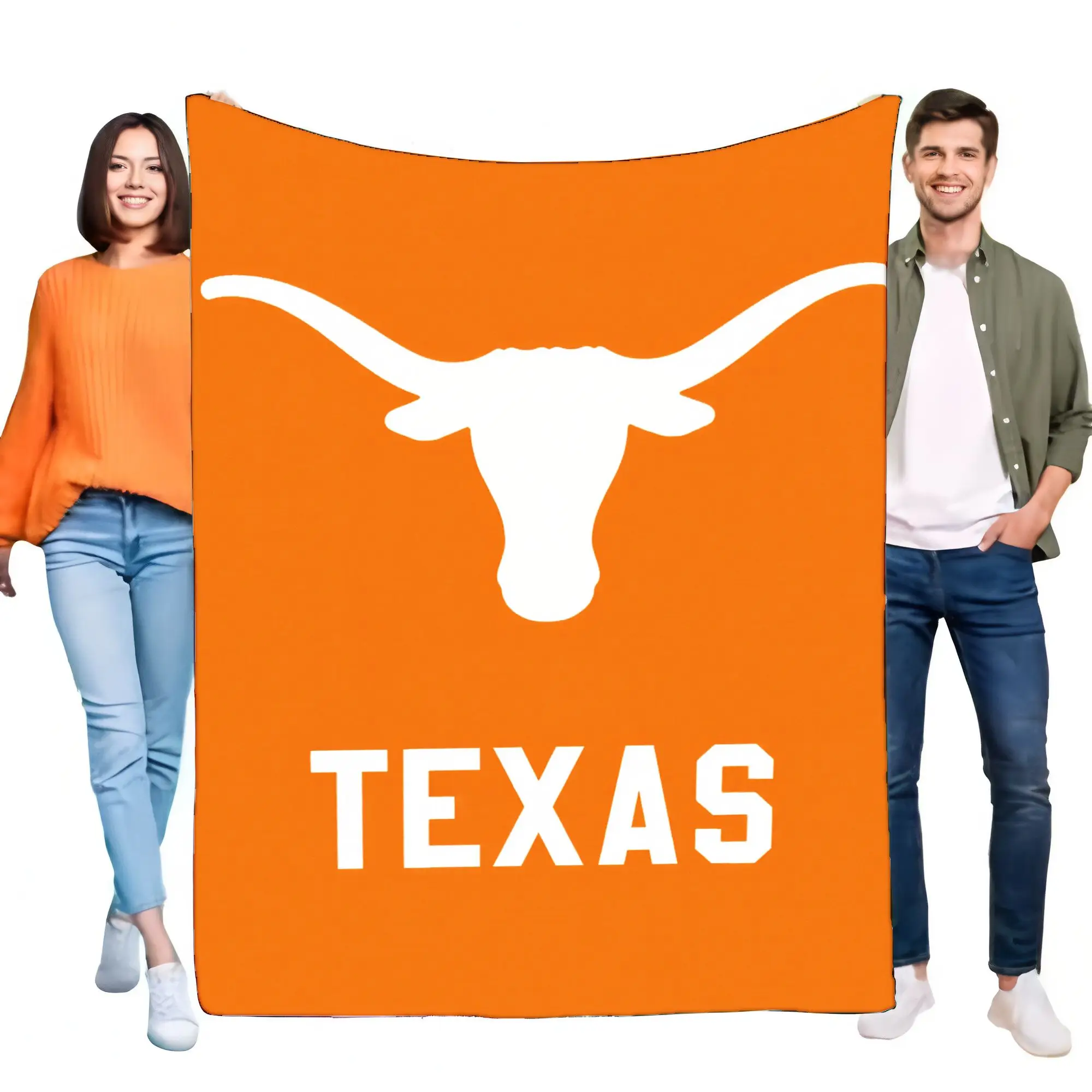 بطانية رأس الماشية من تكساس لونج هورن، لافتة برتقالية لامعة مع حروف تكساس بيضاء جريئة، مثالية للنزهات والمناسبات الرياضية، وهو