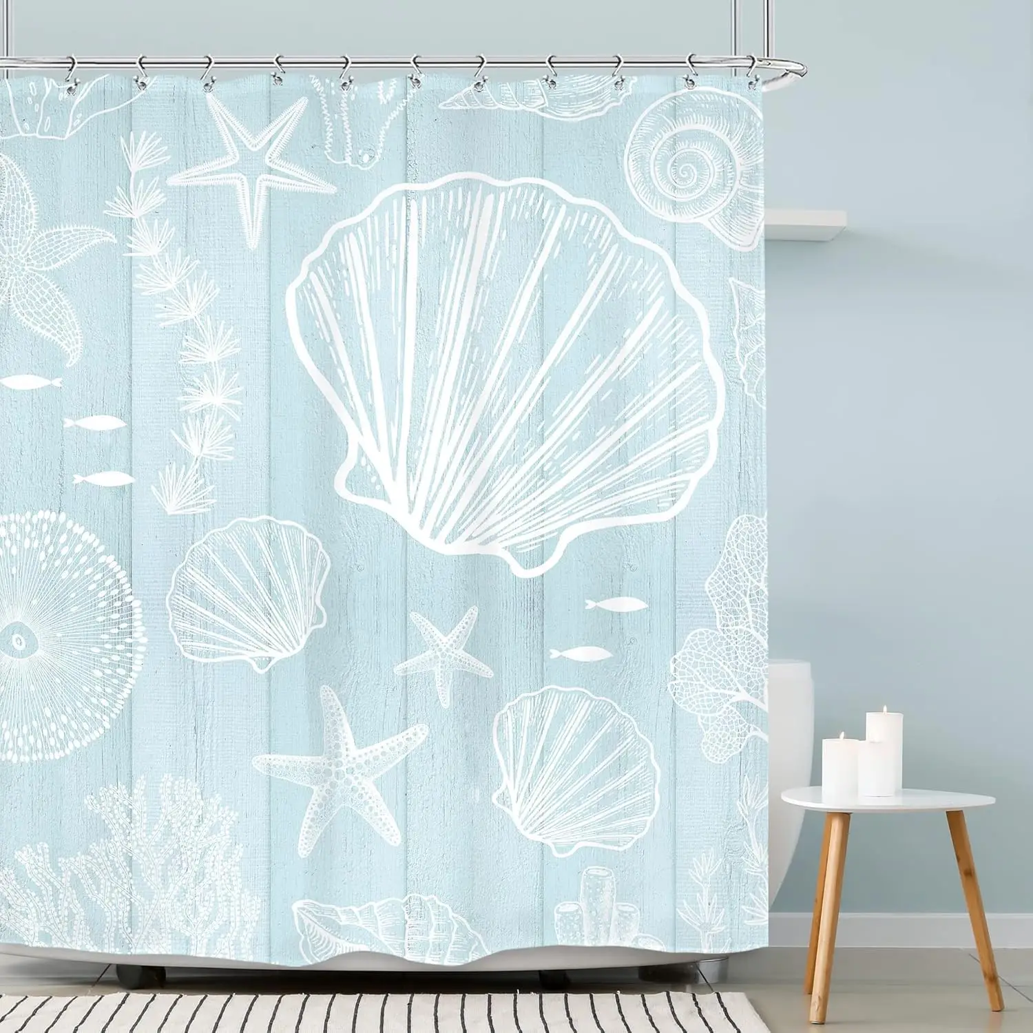 

Nautical Starfish Seashell Shower Curtain with Coastal Wooden Plank Design, Vintage Beach Style Polyester Set with Hooks