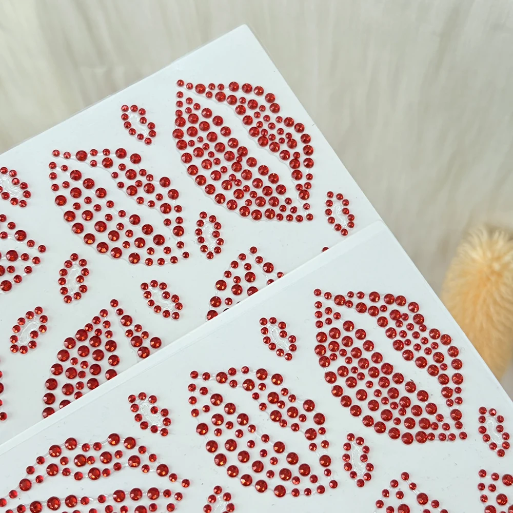 1Sheet Sparkling Red Design Face Gems Stickers Diamond Lip Face Stickers Temporary Tattoo for Valentine'S Party Concert Festival