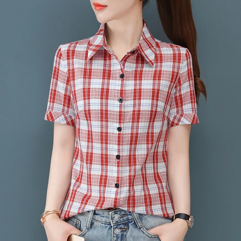 New Female Comfortable Cotton Checkered Short Sleeved Shirt For Women\'S Summer Thin Korean Fashion Casual Versatile Slim Fit Top