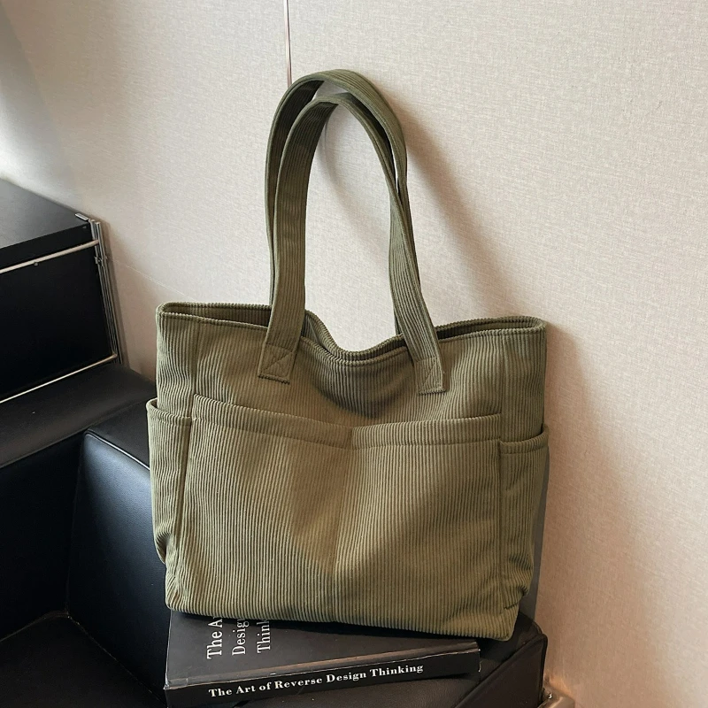 

Korean Style Corduroy Casual Tote Bag Lightweight and Large Capacity Shoulder Bag Simple Texture and Versatile Commuting Bag
