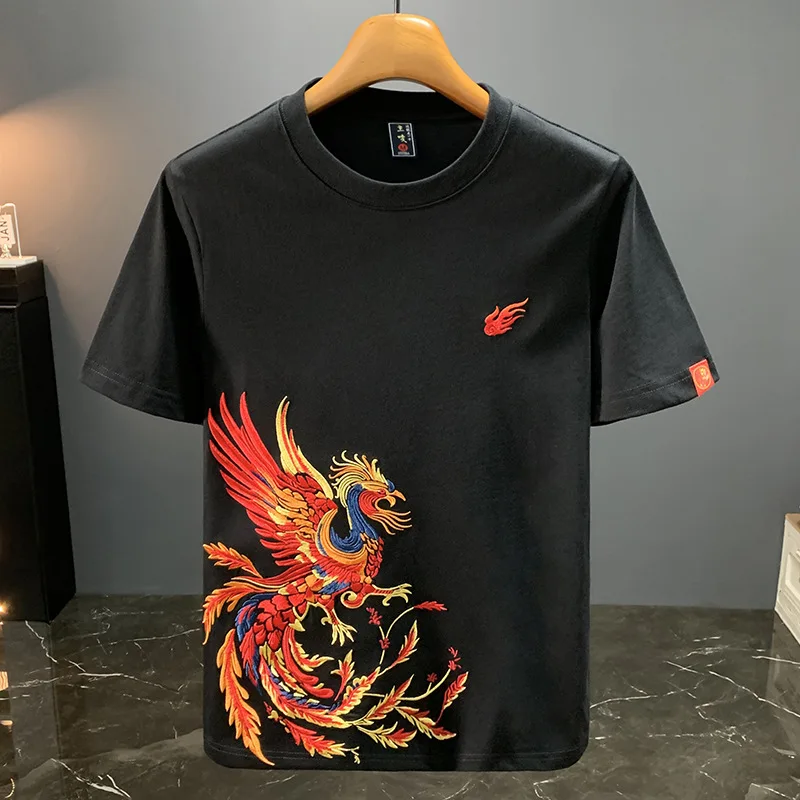 فينيكس المطرزة المطبوعة النمط الصيني تي شيرت للرجال 2025 الصيف الاتجاه العرقية موضة تنفس عادية كم قصير