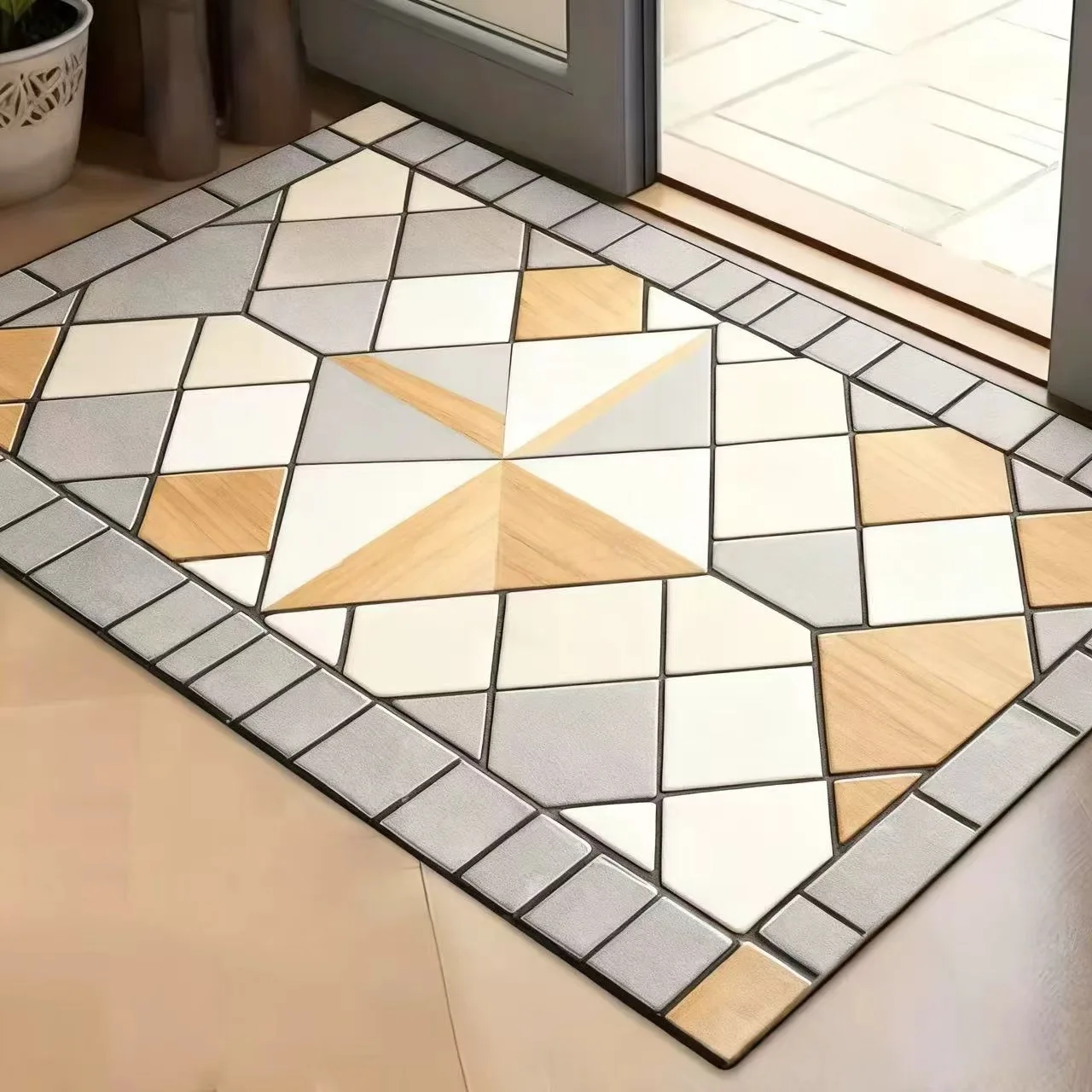 Moroccan Style Tile Print Doormat, Geometric Beige Grey Non-Slip Entryway Rug  Door Mat Kitchen Mat Floor Mat Door Mat Entrance