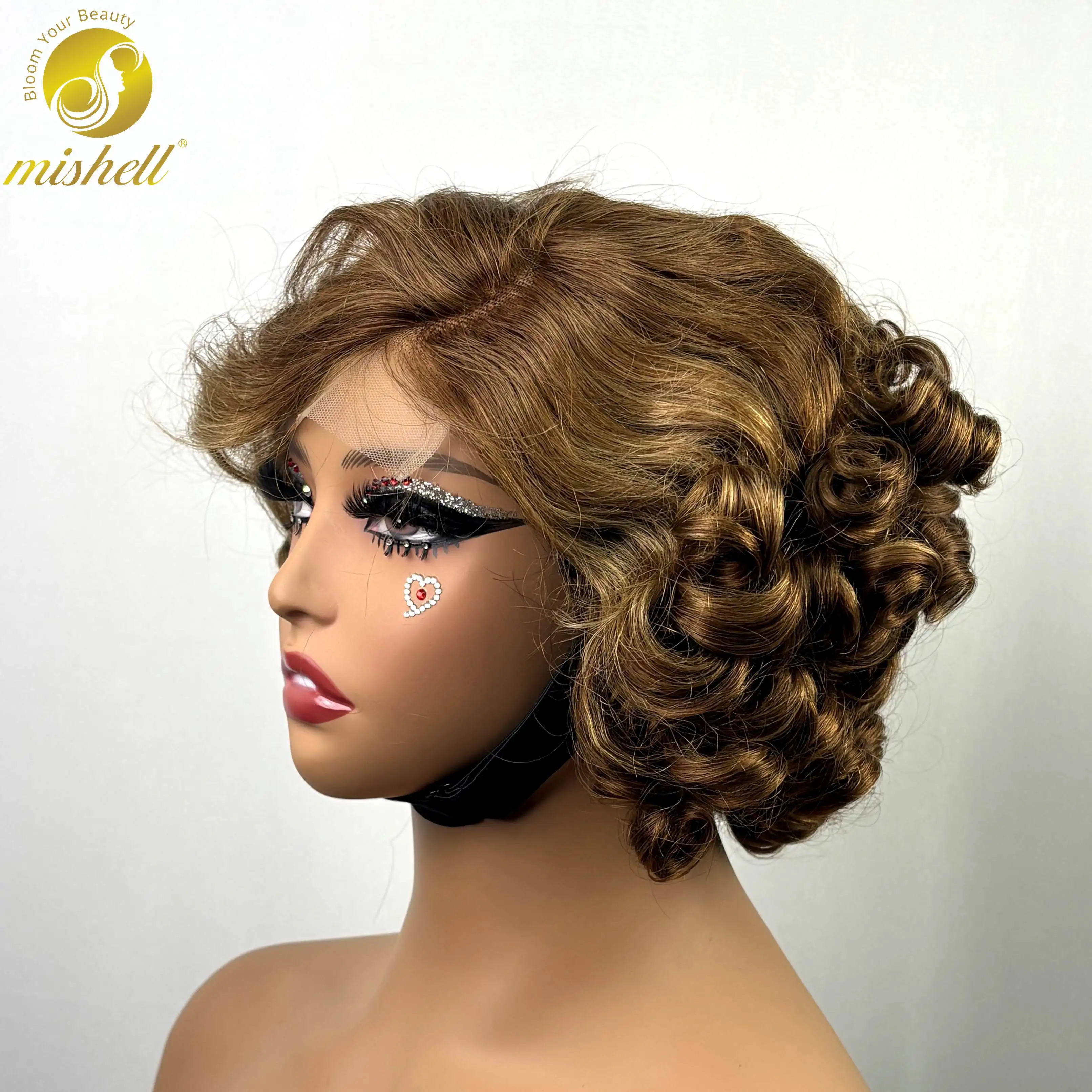 

4x4 Transparent Lace Closure 4/27 Highlight Side Part Loose Fumi Human Hair Wigs Short Colored Bouncy Curly Bob Wigs for Women