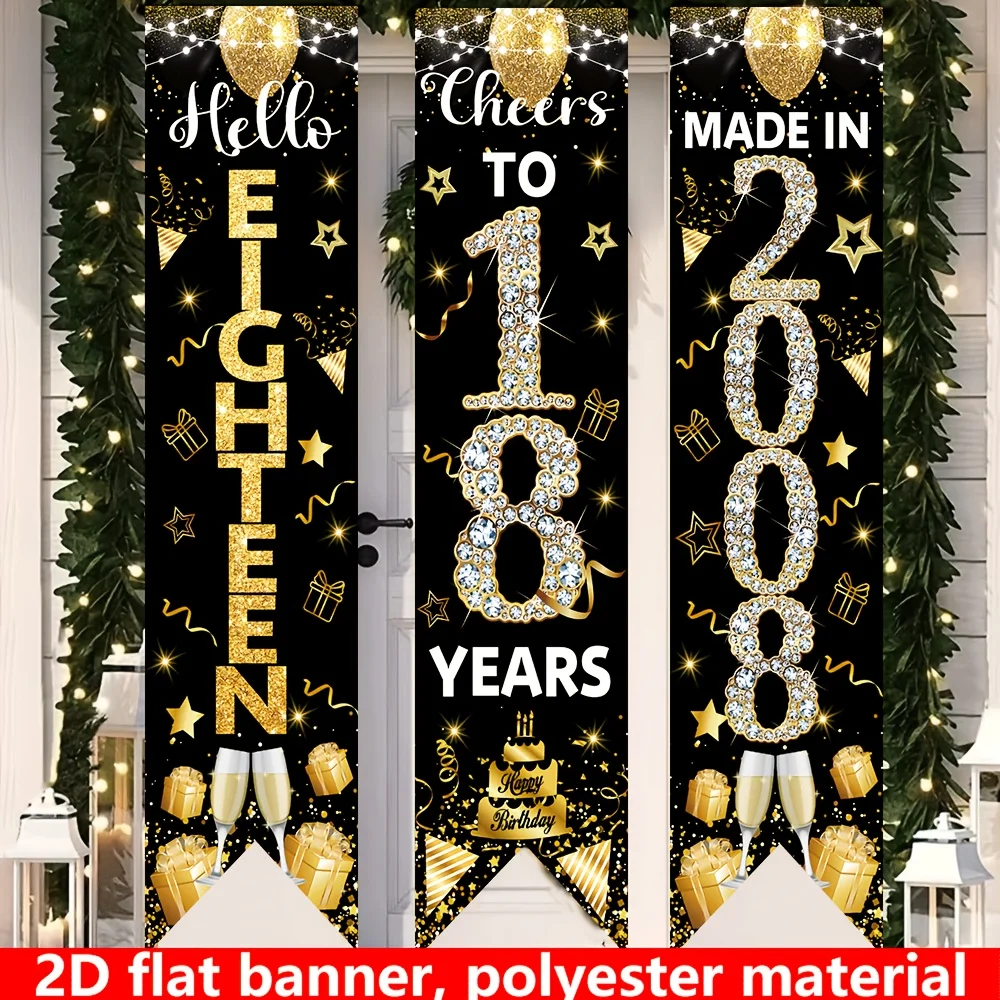 2D Flat 3Pcs 2008 18th Birthday Black Gold Door Banner Set, 30×120cm Polyester, 