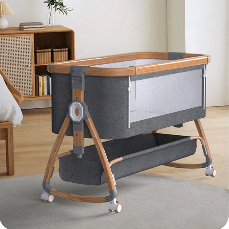 Wood Grain Baby Crib Bed with Silent Universal Wheel Adjustable Height Mobile Multi-functional Baby Cot Folding Splice Bed