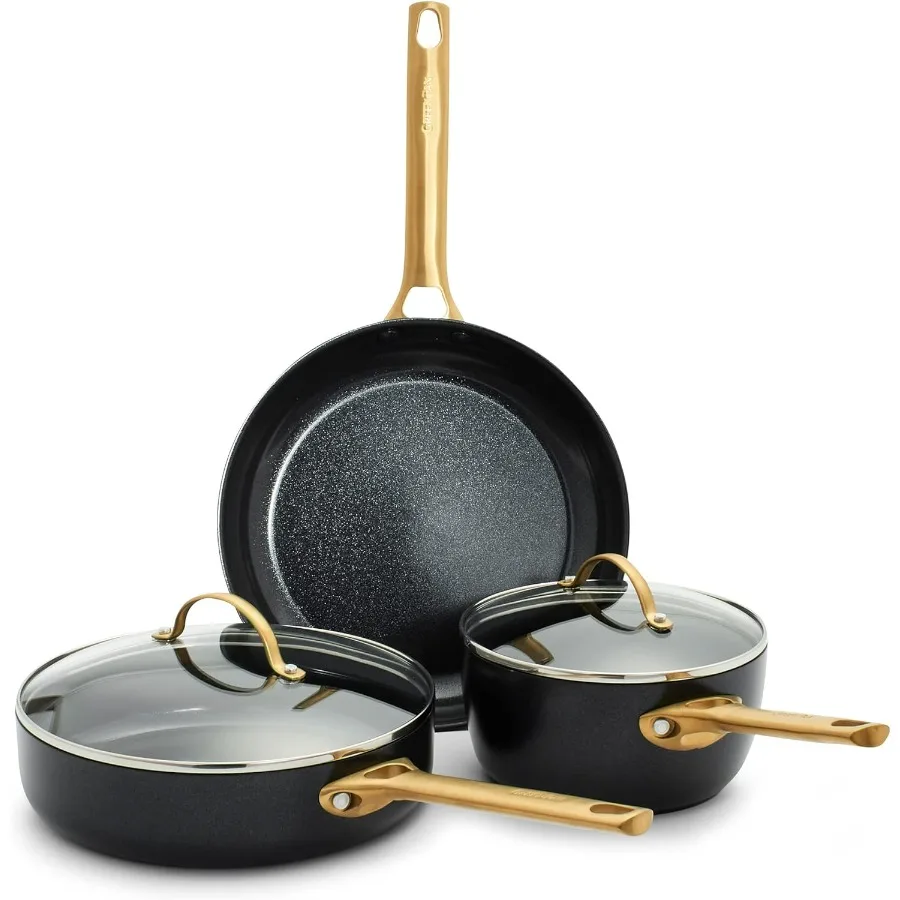 

Hard Anodized Healthy Ceramic Nonstick 5 Piece Cookware Pots and Pans Set Gold Handle PFASFree Dishwasher Safe Oven Safe Black
