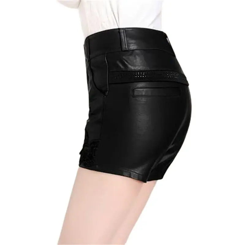 Women's Mid Zip Embroidery Diamond Shorts PU Leather Skirts Spring Fall Winter Hot Sale