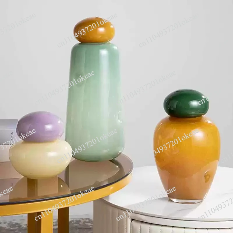 Elliptical Colored Stone Glass Vase with Cover Desk Decoration Flower Arrangement Flower Pots Floral Vases Room Aesthetic Decor