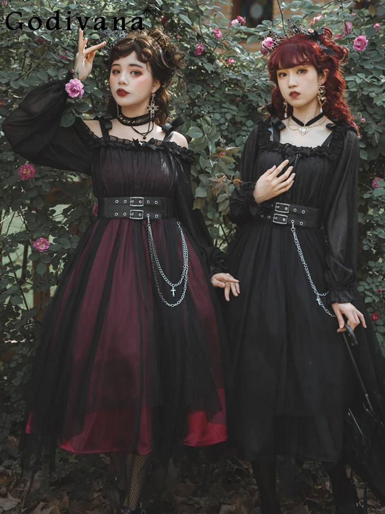 

Elegant New Lolita Halloween Goth Black Square Neck Dress Girl Sweet Long Sleeve High Waist Age-reducing Princess Long Dresses