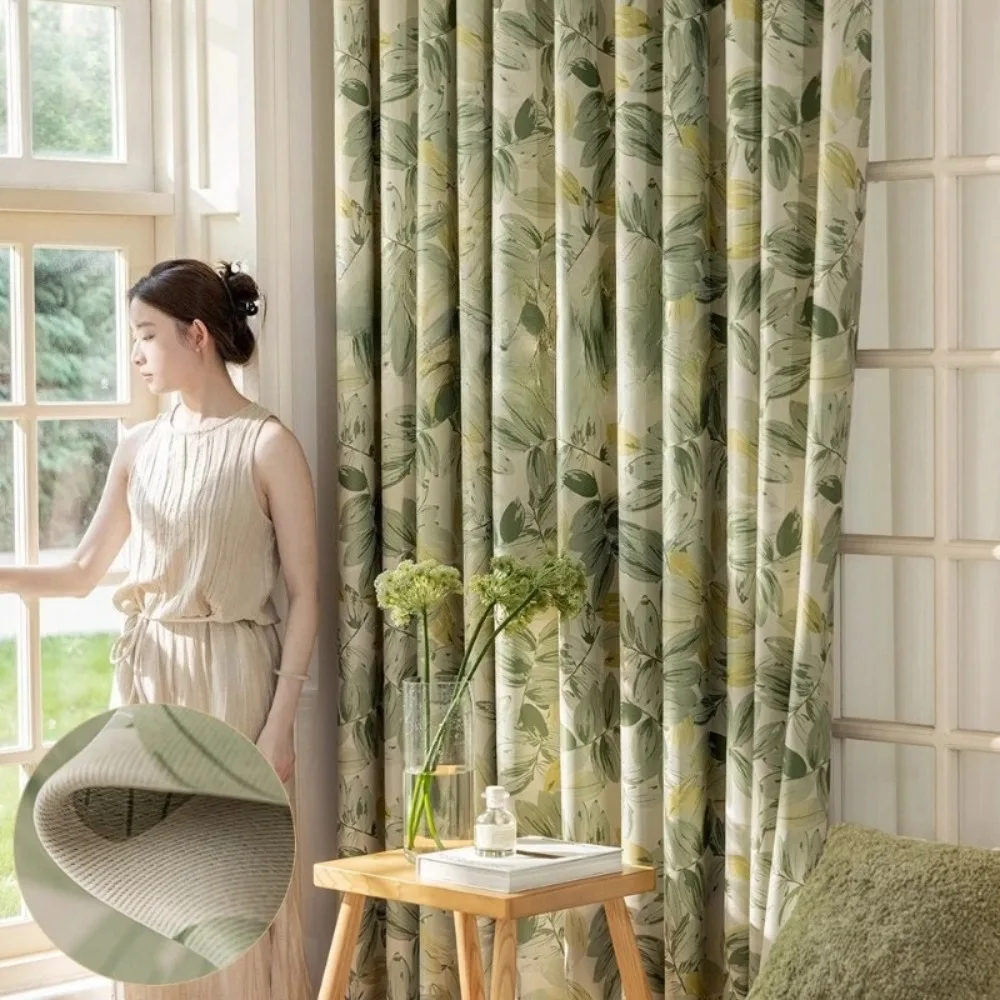 Printed Light Filtering Curtains for Balcony Windows Country Cottage Design Fresh Green Leaf Pattern Semi Sheers Voile Panels