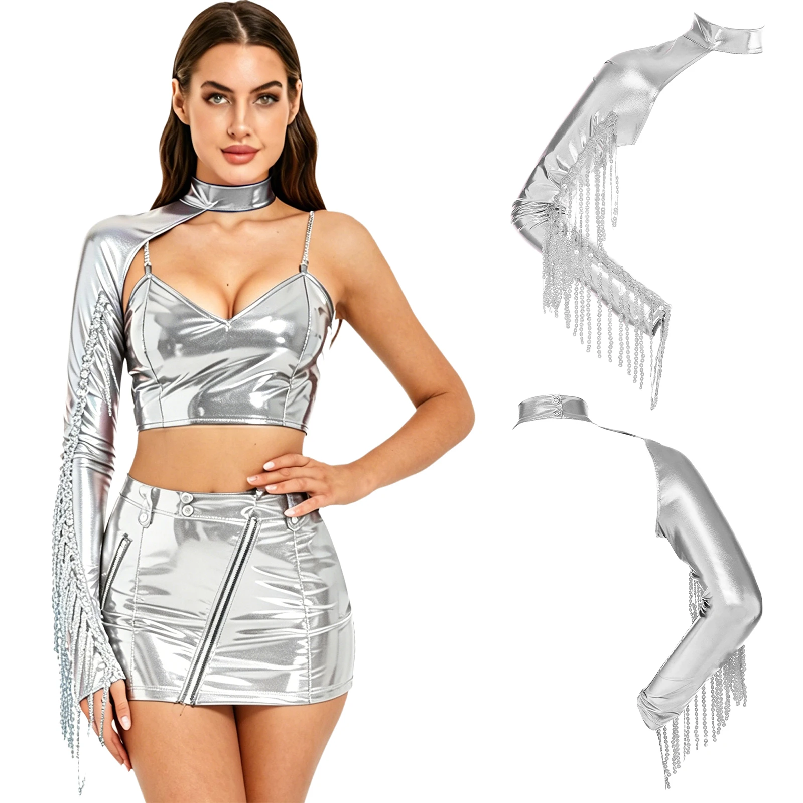 Women Shiny Metallic Gothic Crop Top Mesh Long Sleeve Shoulders Punk Shoulder Armor Shrugs for Cosplay Themed Party Dance Top