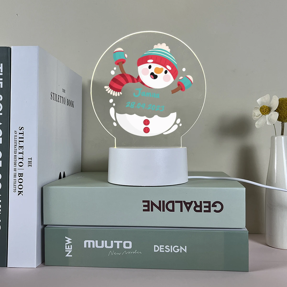 1PC Lovely Snowman UV Print Personalized Name Acrylic Light For Christmas Gift Custom Date 3D Visual Lamp Baby Room Decor