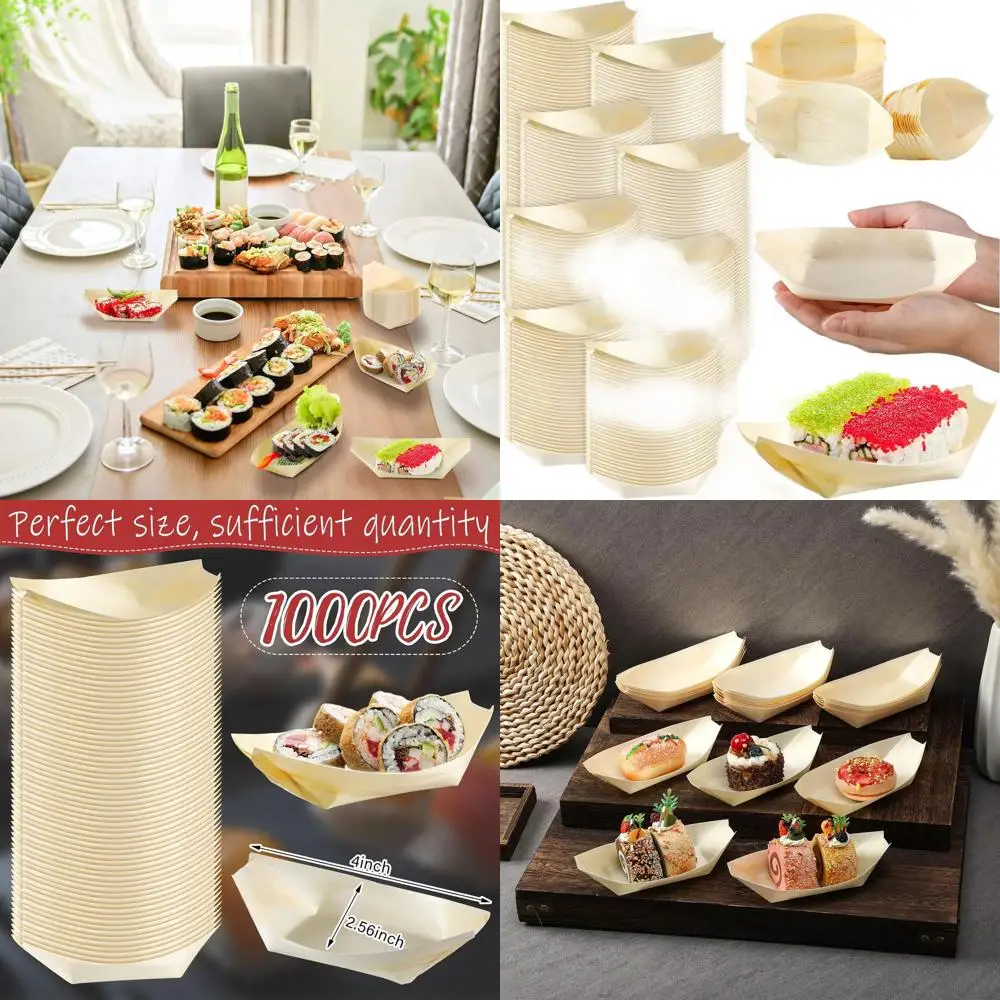 

1000 Pack Bamboo Wood Boat Plates, 4 Inch Disposable Sushi Dishes, Ideal for Catering and Home Use
