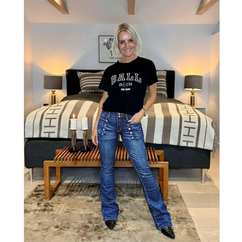 Women's High Street Denim Jeans Button Detail Elastic Micro Flared Long Pants Trendy Personality Ladies' Casual Trousers