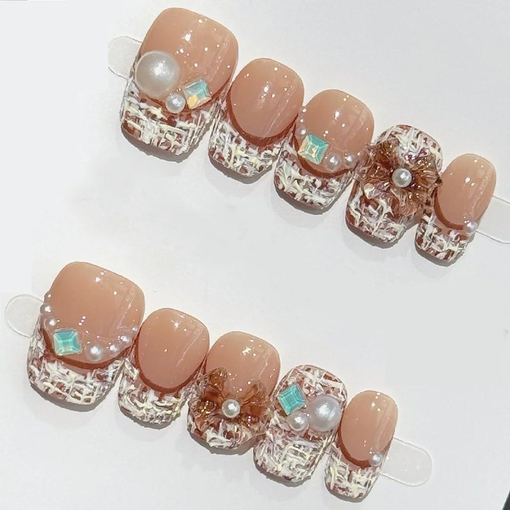 

10pcs Brown Short Ladder Handmade Nails French 3D Pearl Flower Press on Nail for Women&Girl Removable Wearable Nails Daily Wear