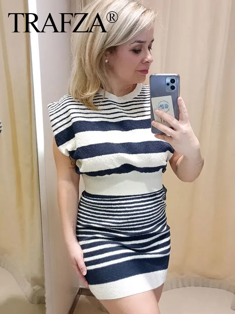 TRAFZA 2024 Summer Woman Striped Set Knitted O Neck Slim Pullover Top + High Waist Wild Chic Streetwear Women's Mini Skirt