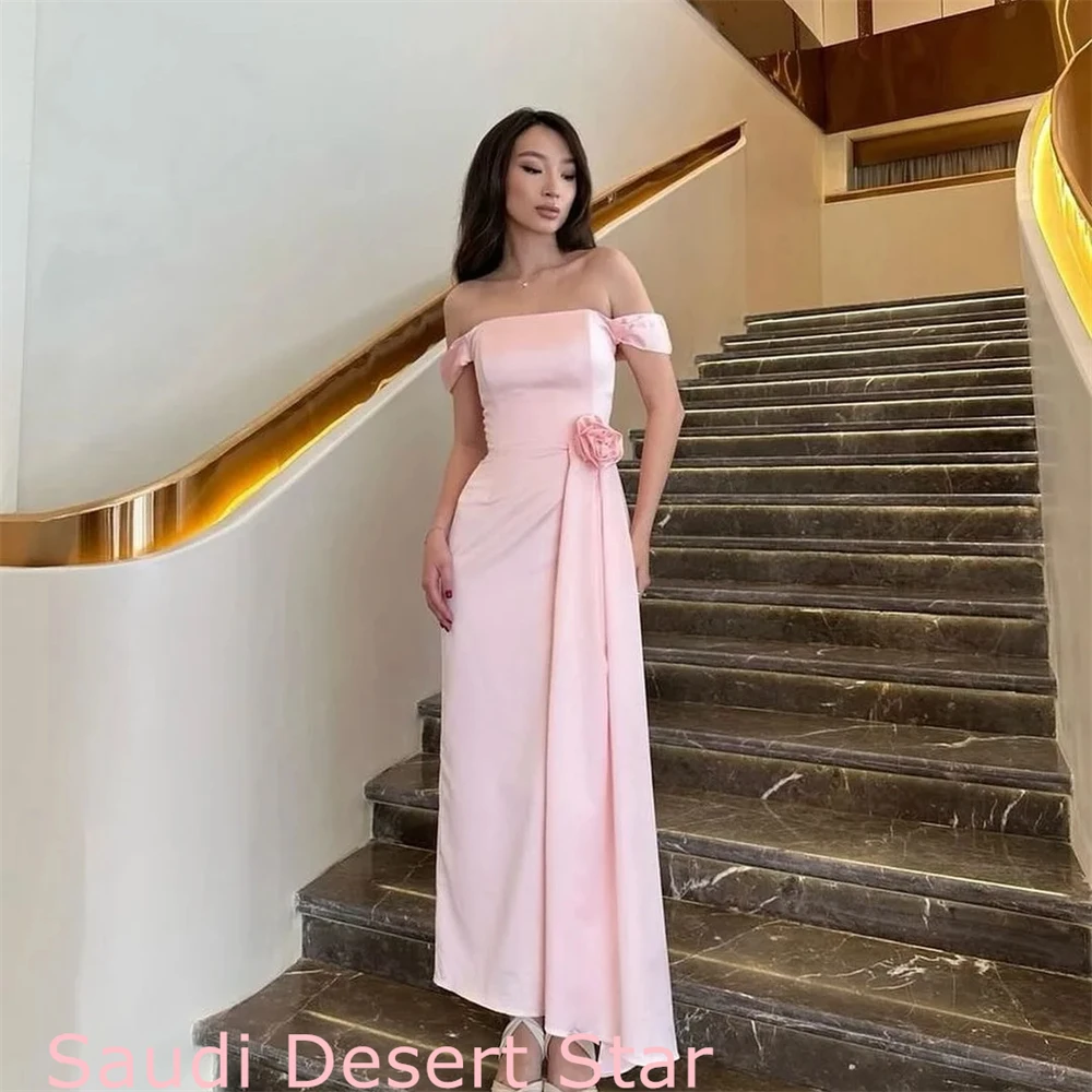 

Customized Classic Pink Satin Evening Dress Fashion Boat Neck Off the Shoulder Sleeveless Party Dress Temperament Prom Dress