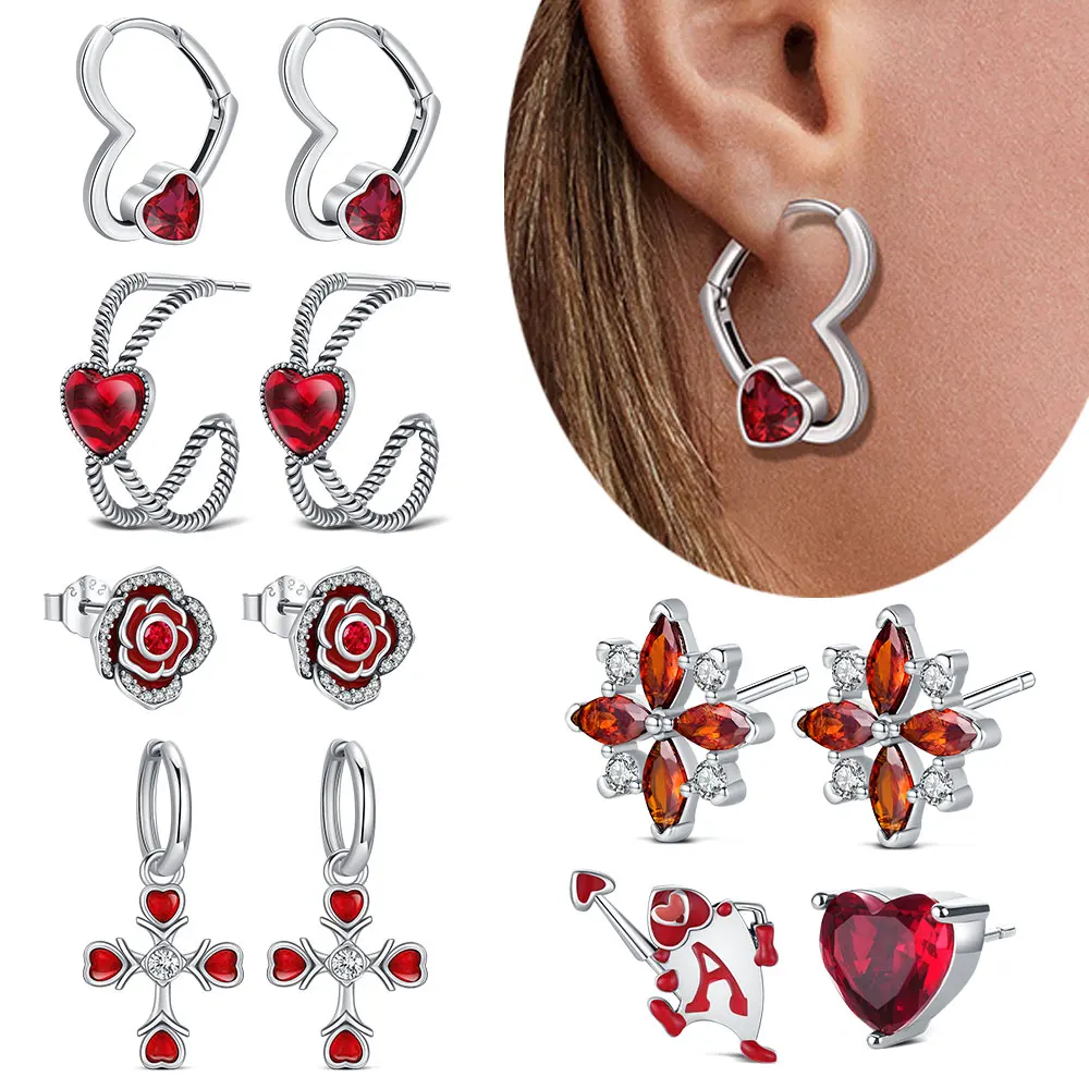 Original-Ohrringe für Damen aus 925er-Sterlingsilber, rote Herz-Ohrringe, Rosen-Ohrstecker, Damen-Modeschmuck, Valentinstagsgeschenk