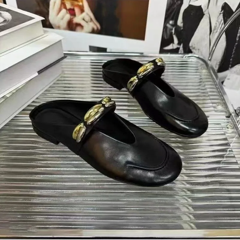 

New Leather Elegant Temperament Metal Buckle Fish Mouth Slippers Fashionable Flat Shoes Cool Slippers Summer Trend