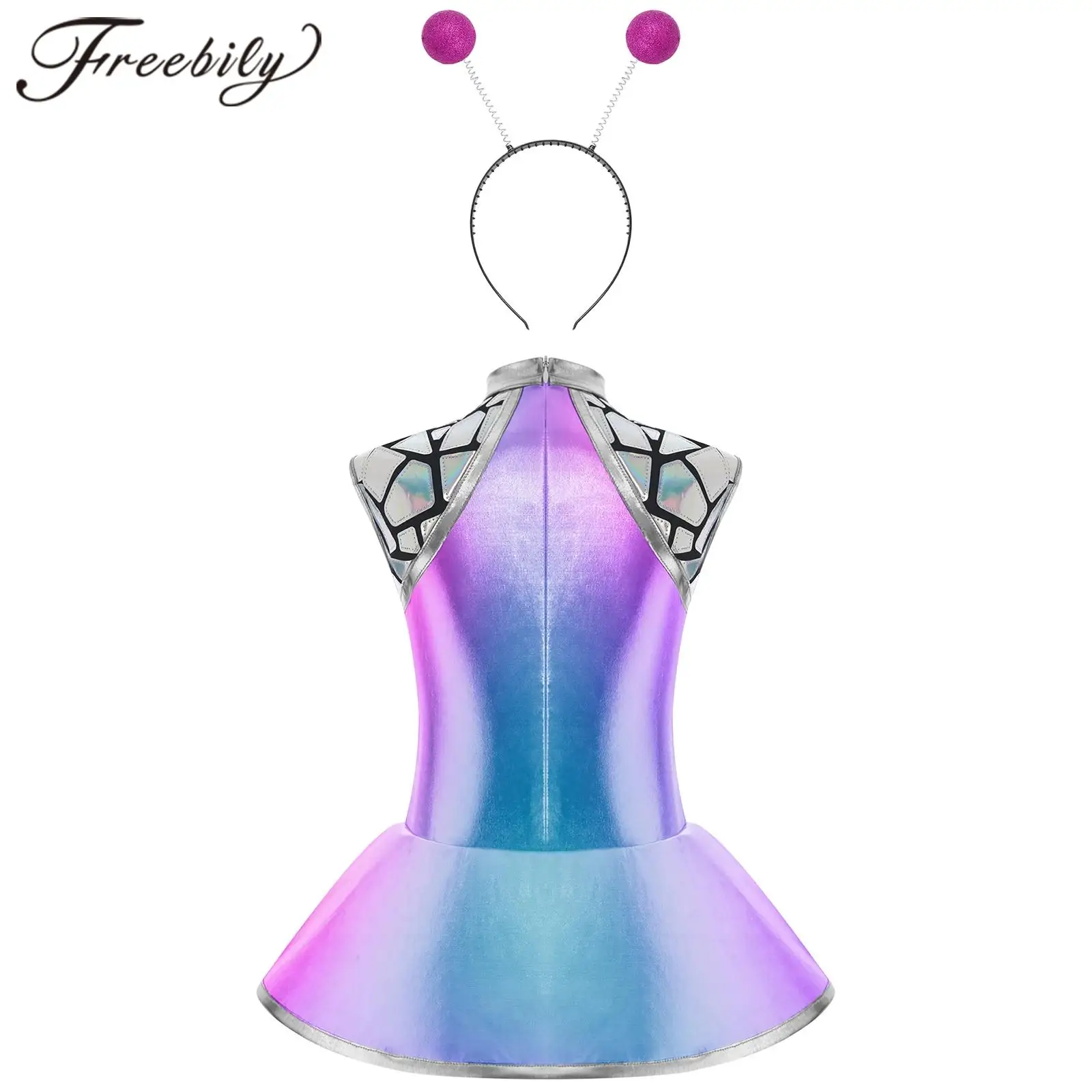 

Kids Girls Glitter Fancy Dress Shiny Metallic Alien Costumes Outer Space Astronaut Children Halloween Cosplay Party Dress Up