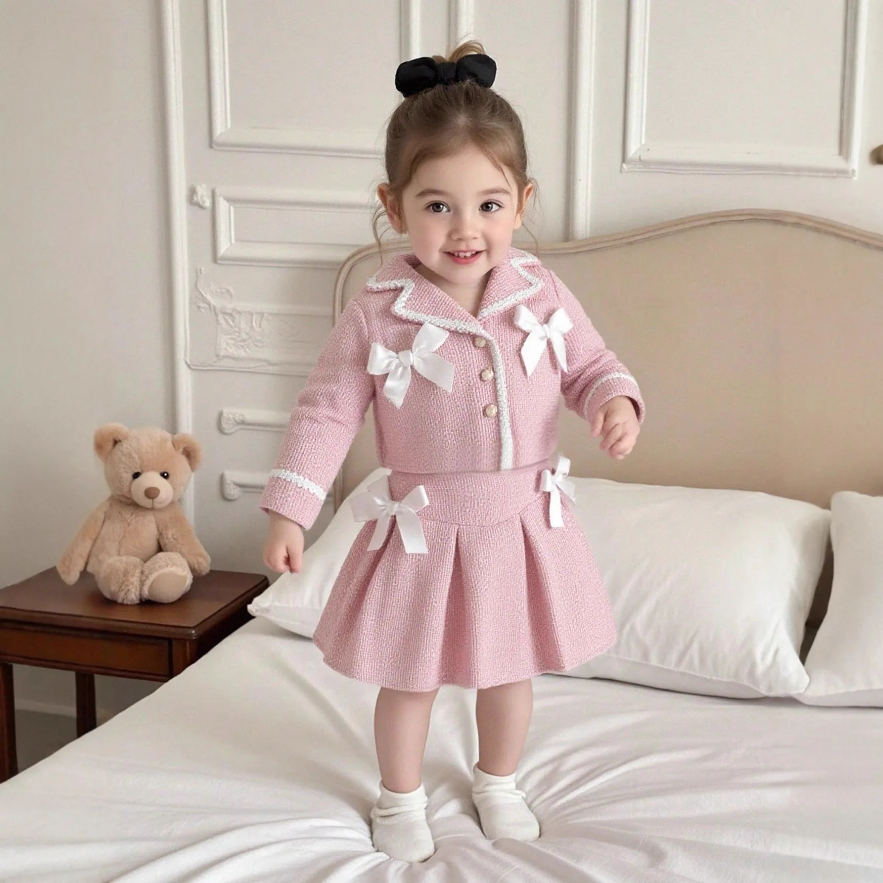 2026 Spring and Autumn New Korean Girls Small Fragrant Style Skirt Set  Pink Cute Short Skirt Two Piece Set for Girls