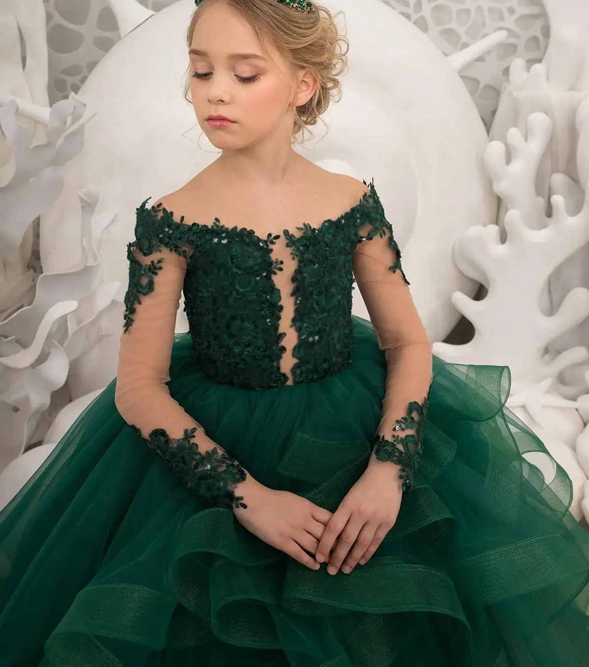 Appliques Ruffles Tulle Pageant Dresses for Girls Kids Party Ball Gowns Custom made Princess Long Sleeve Flower Girl Dresses