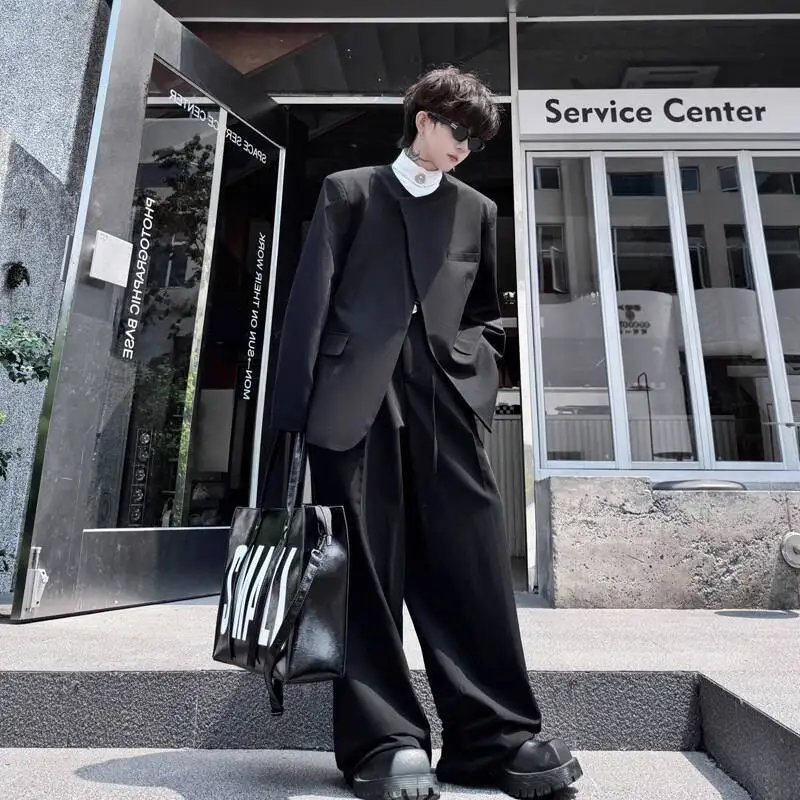 WTHT Fashion Men's Suit Round Collar Pockets Loose Blazer Coats Solid Color Wide Leg Straight Pants Set Male 2025 Autumn 2A1878