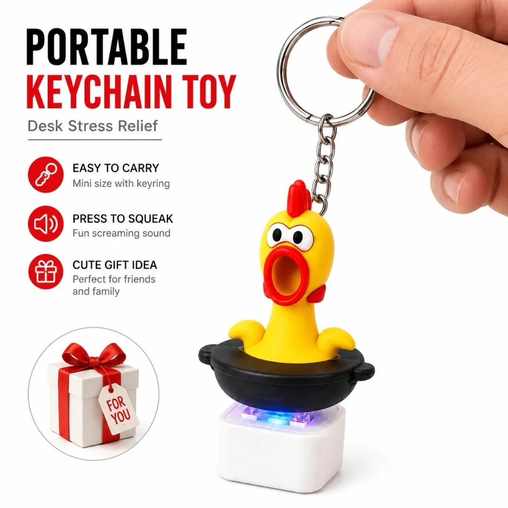 Screaming Chicken Fidget Keychain Press Button Sound Light Pendant Stress Relief Toy for Party Gifts School Bags Accessories