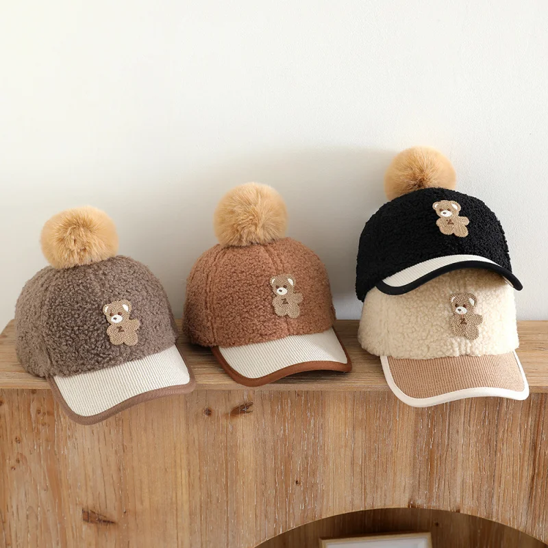 Lamb Wool Label Cartoon Bear Duckbill Cap Korean Style Baby Edge Color Block Baseball Cap Winter Big Pom Pom Children's Hat