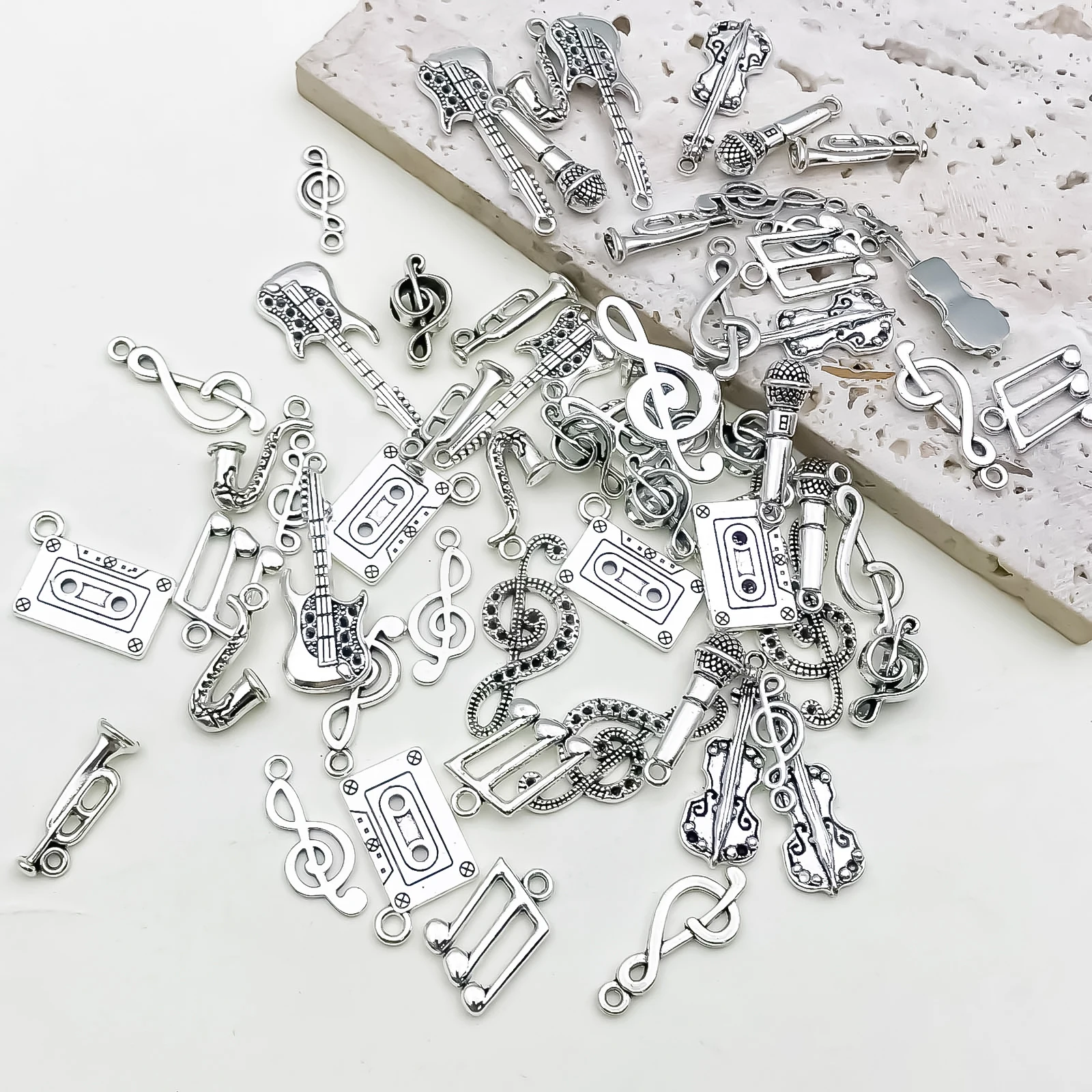 Mix 60pcs Antique Silvery Musical Instrument Notes Charms Pendants For Jewelry Making Guitar Piano Violin Findings