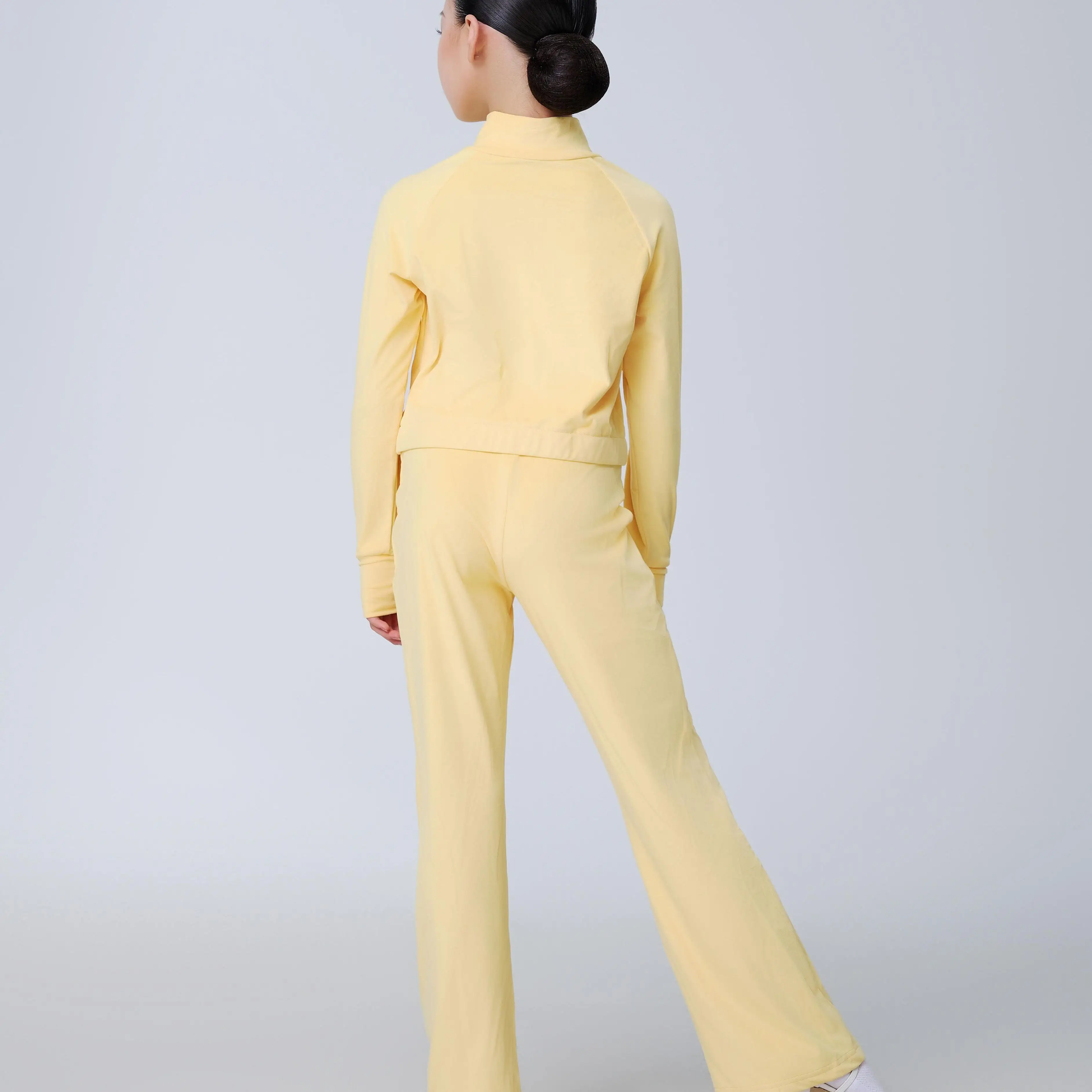 UK Latin dansjurk Dames gele trainingsset met ritssluiting aan de voorkant en versterkte stof voor prestatiepraktijk