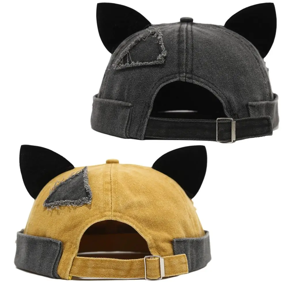 New Fashion Cute Cat Ears Brimless Hat Hip Hop Rolled Cuff Melon Docker Cap Solid Color Adjustable Docker Cap Daily