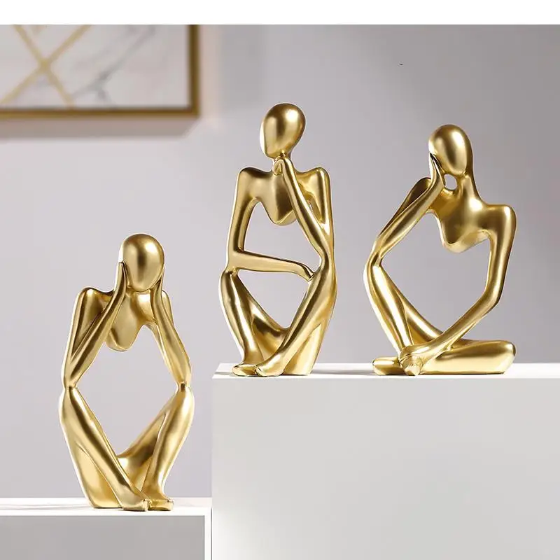 

Creative Golden Thinker Abstract Figure Resin Craft Sculpture Hollow Out Golden Man Thinking Home Decoration Desktop Ornaments