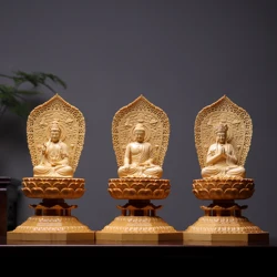 Hinoki Cypress Wood Hand Carved Three Saints Statue Set (3pcs) - Medicine Buddha Ksitigarbha Guanyin Figurine for Home Temple