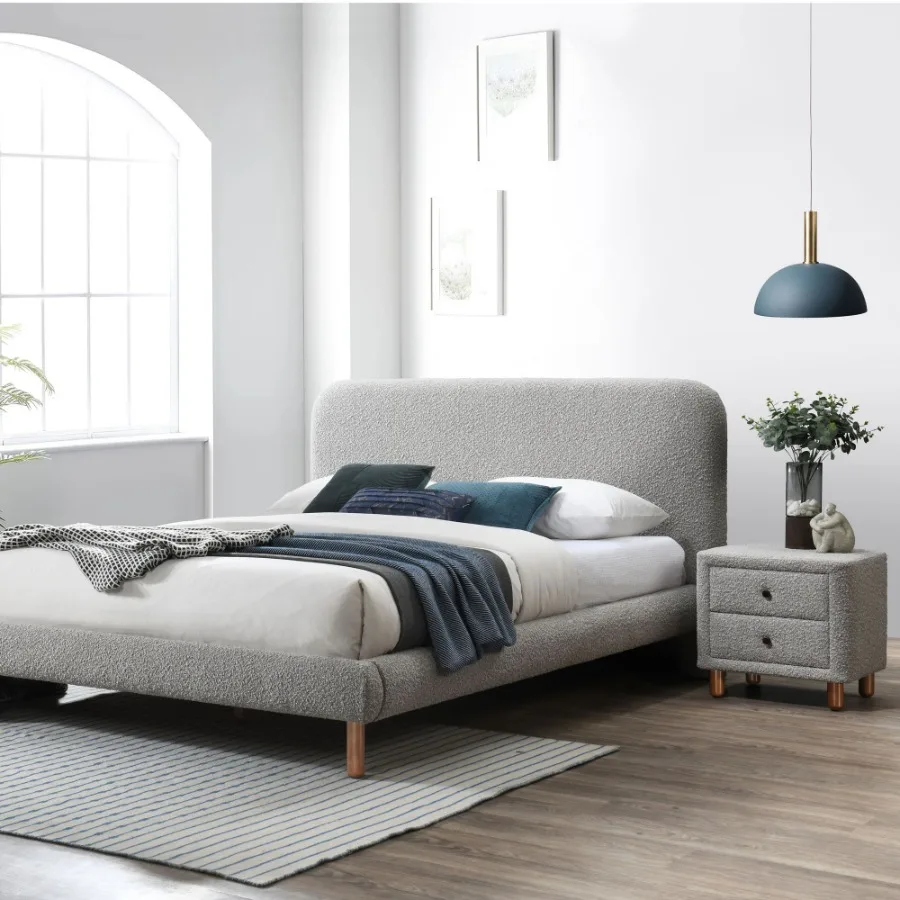 Grey Boucle 2-Drawer Upholstered Nightstand