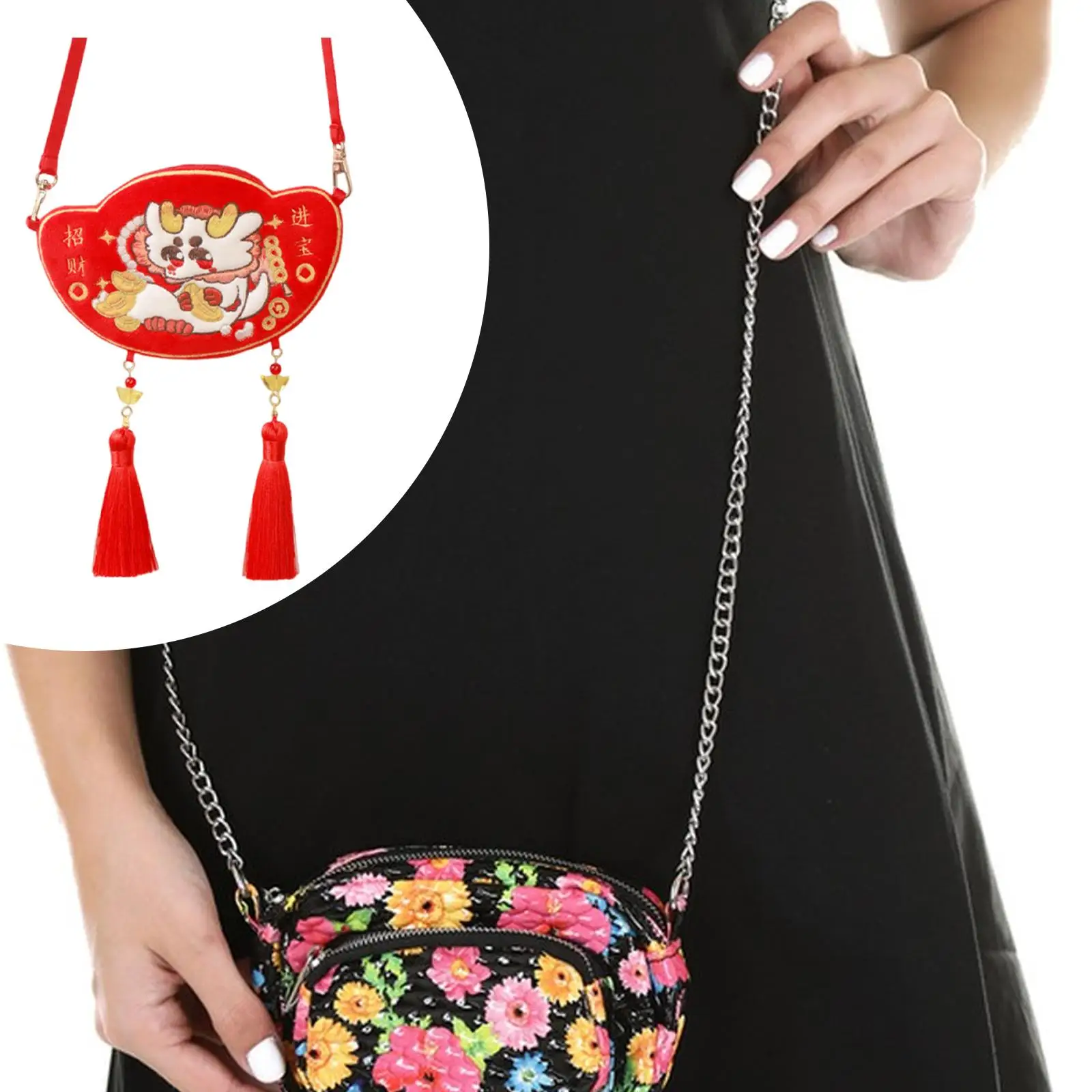 Embroidered Crossbody Bag,Portable,Creative,Chinese Cute Purse,Traditional,for New Year Celebrations for Kids Girls