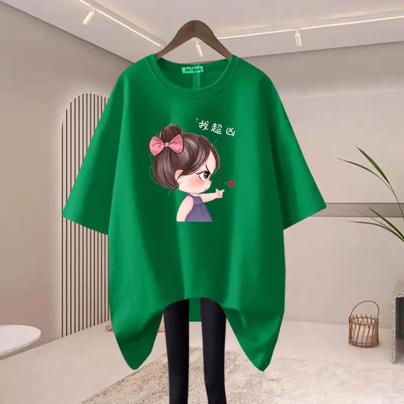 Women Clothing Fashion Cartoon Printing O-neck T-shirt Summer Pure Cotton Short Sleeve Basic Tees Office Lady Casual Loose Tops