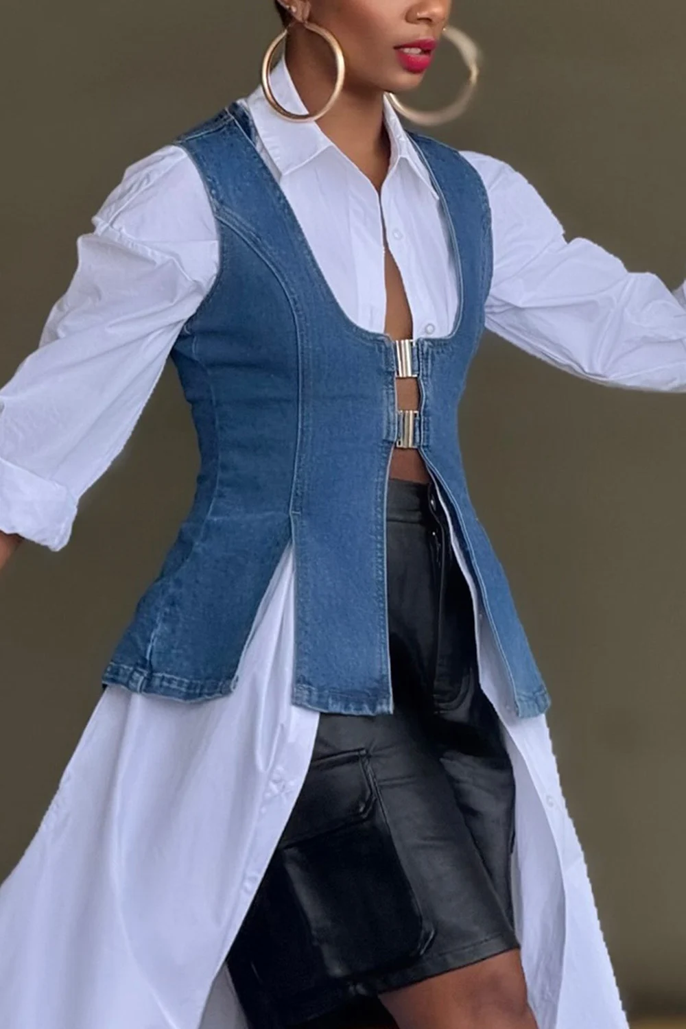 Plus Size Women's Business Casual Blue Split Denim Vest