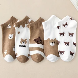 5 Pairs Women Cartoon Bear Printed Ankle Socks Cute Fashionable Versatile Socks Lightweight Comfortable Antibacterial Short Sock