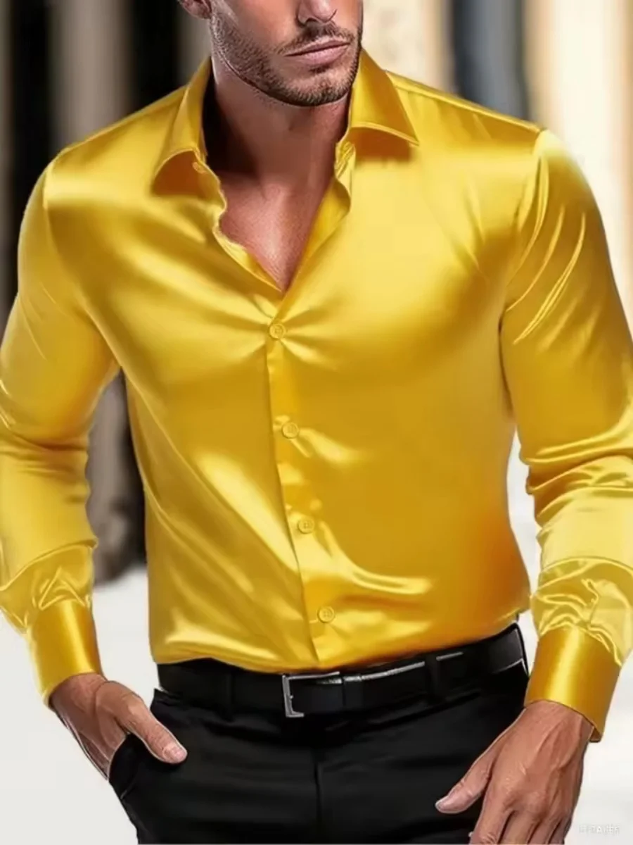 

Men's casual satin shirt, long-sleeved collared shirt, suitable for wedding parties and men's attire, fast shipping.