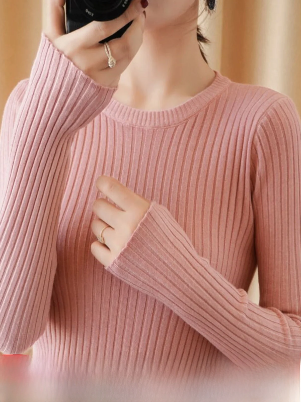 

Slim Fit Knitted Wool Sweater Thin Autumn Long Sve Color Base Layer round Ne Dstring Camere Top for Women