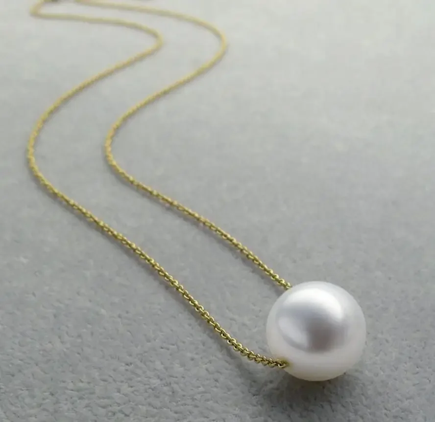 Classic AAA 11-12mm Round Genuine South Sea White Pearl Necklace 18K Yellow Gold