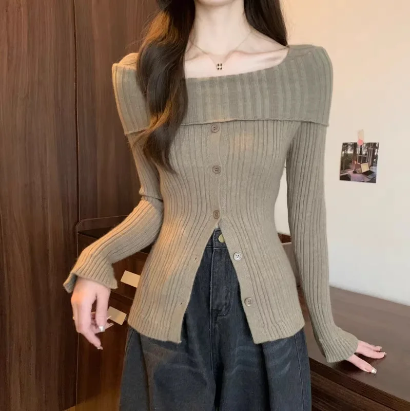 Square Neck Knitted Sweater Women Split Temperament Slim Long Sleeve Top