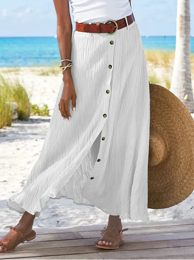 Summer Women's Skirt Cotton Linen Important Button Slit Flower Print Fashion Versatile Vacation Beach Midi Skirt
