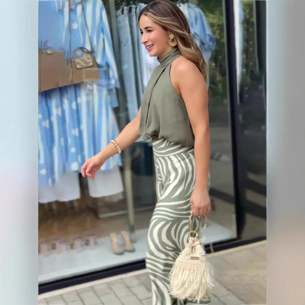 Summer Sleeveless Hanging Neck Top Wide Leg Pants Fashionable Two-piece Set Women's Casual Solid Color Top Printed Pants Set