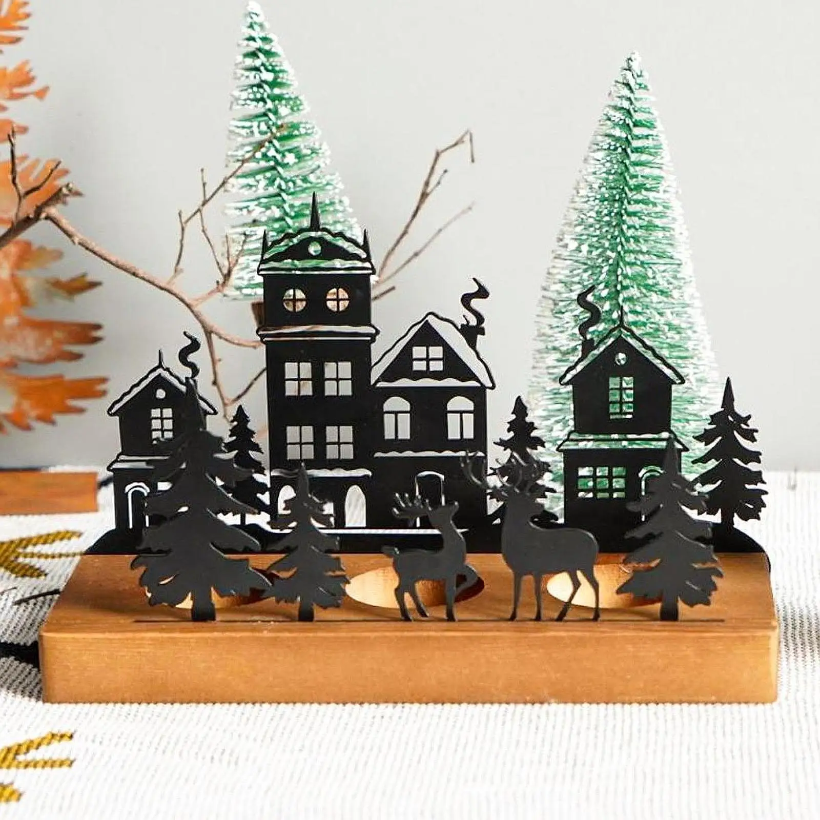 Christmas Tree Candle Holder Wooden Iron Candlestick Elegant Centerpiece Table Decor for Holiday Home